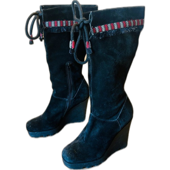 Diane Von Furstenberg Jimson Tall 4" Wedge Boots Suede Boho Tribal Fringe Sz 7 M - Picture 1 of 14